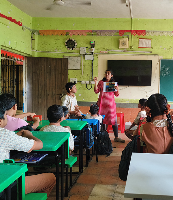 Priyal Patki facilitates a Saturday Art Class session at Shankarwadi Mumbai Public School in Jogeshwari East, Mumbai